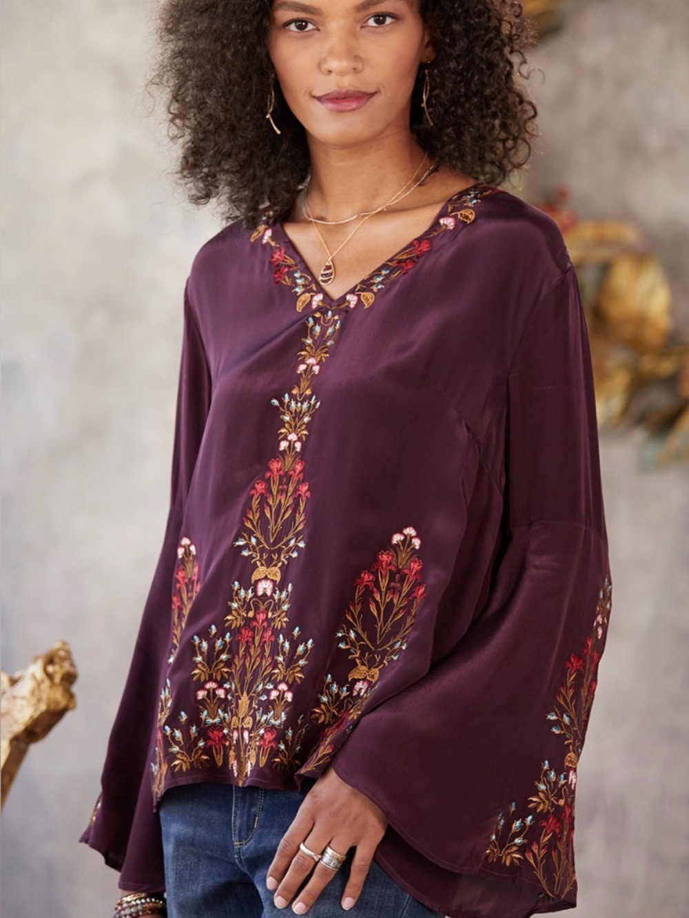 Sundance Bell Flare Sleeve Plum Purple Embroidered V-neck Blouse Size Large